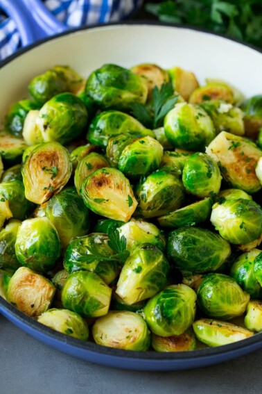 Sauteed brussels sprouts with garlic and an assortment of herbs.