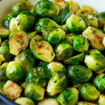 Sauteed brussels sprouts with garlic and an assortment of herbs.