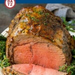 This slow roasted prime rib recipe features a flavorful crust of garlic and herbs.