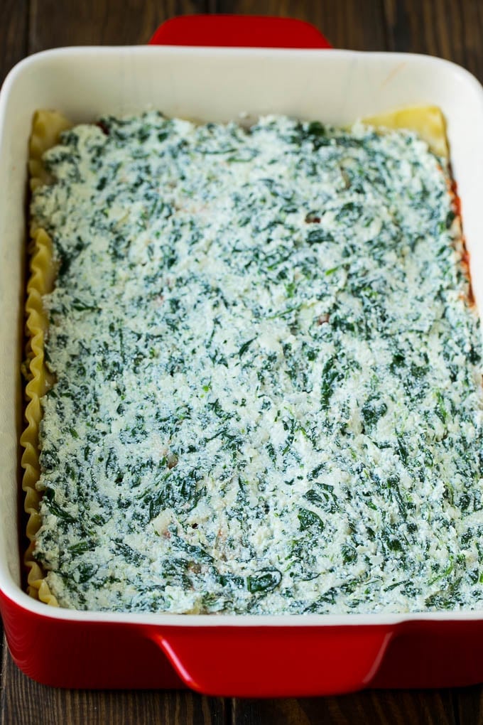 A spinach and cheese mixture spread over a layer of cooked noodles.