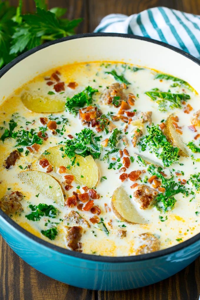 Zuppa toscana soup made with sausage, kale and potatoes in a creamy broth.
