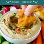 This baba ganoush is a creamy dip made of eggplant, tahini, olive oil, lemon juice and spices.