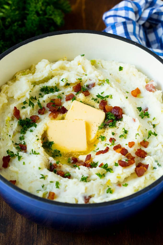 Colcannon in a pot with mashed potatoes, cabbage and bacon.