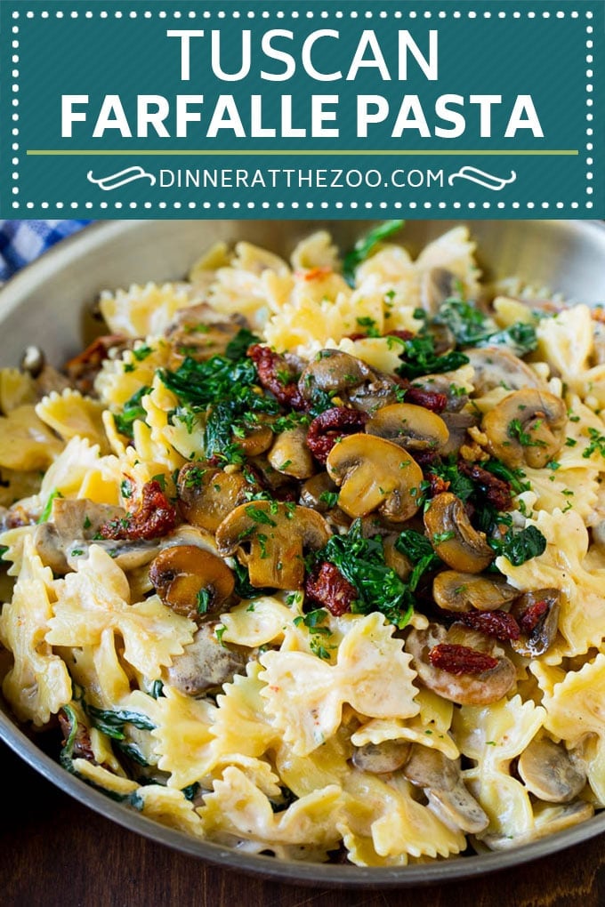 Tuscan Farfalle Pasta Recipe #pasta #cheese #spinach #mushrooms #dinner #dinneratthezoo