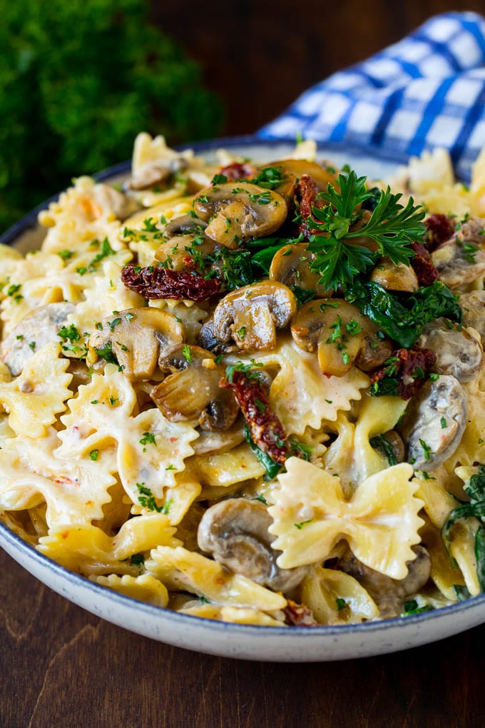 A bowl of creamy farfalle pasta with mushrooms and sun dried tomatoes.