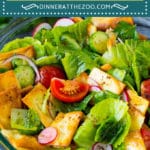 This fattoush salad is a blend of lettuce, cucumbers, tomatoes, herbs and pita chips, all tossed in a lemon dressing