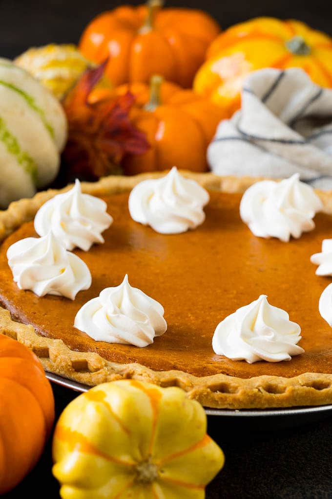 Homemade pumpin pie topped with rosettes of whipped cream.