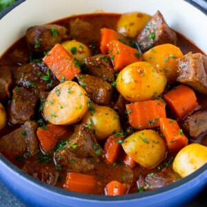 Irish stew with beer, tender beef, carrots and potatoes.