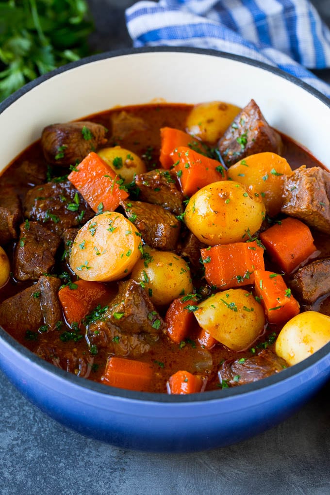 Irish stew with beer, tender beef, carrots and potatoes.