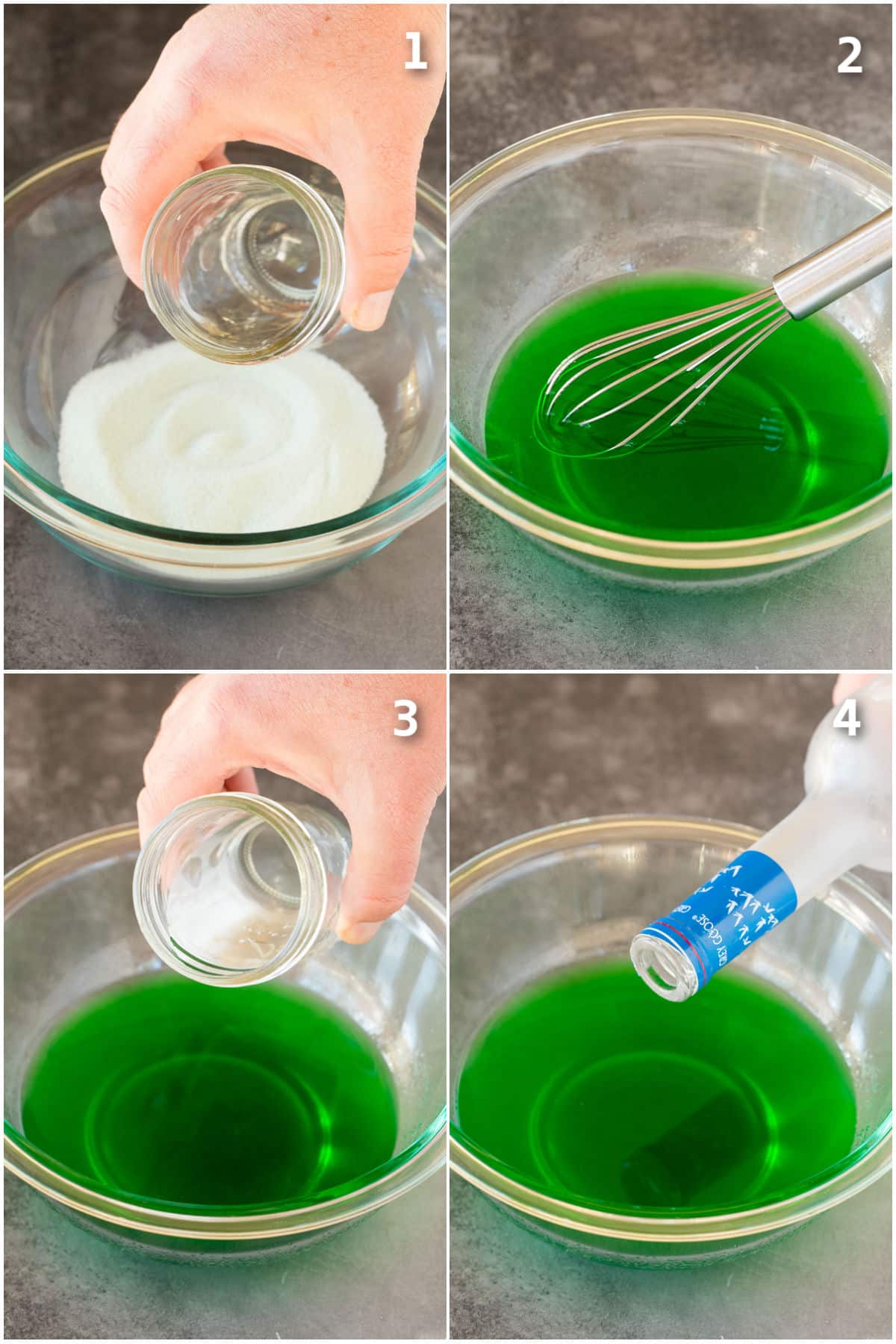 Step by step process shots showing how to make vodka gelatin.