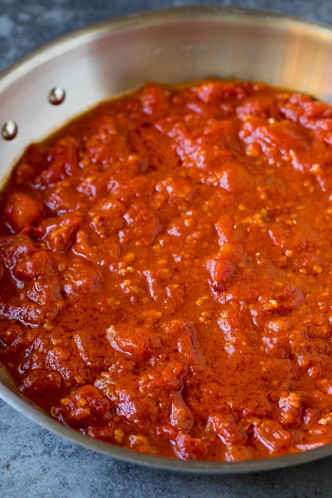 Homemade tomato sauce in a skillet.