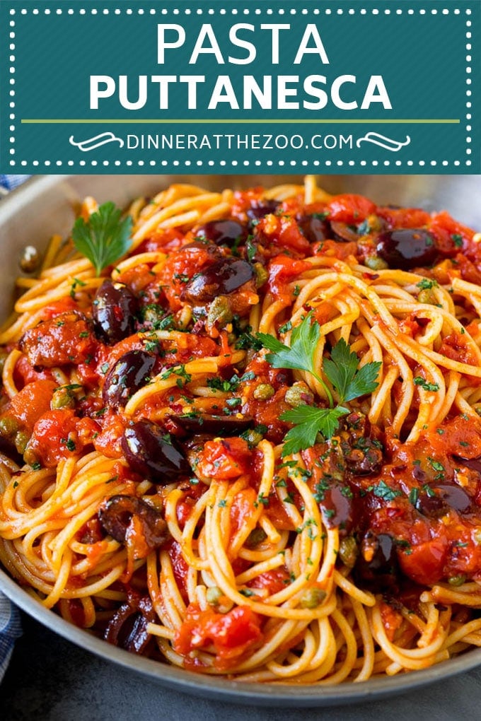 Pasta Puttanesca Recipe #pasta #tomatoes #olives #italianfood #dinner #dinneratthezoo