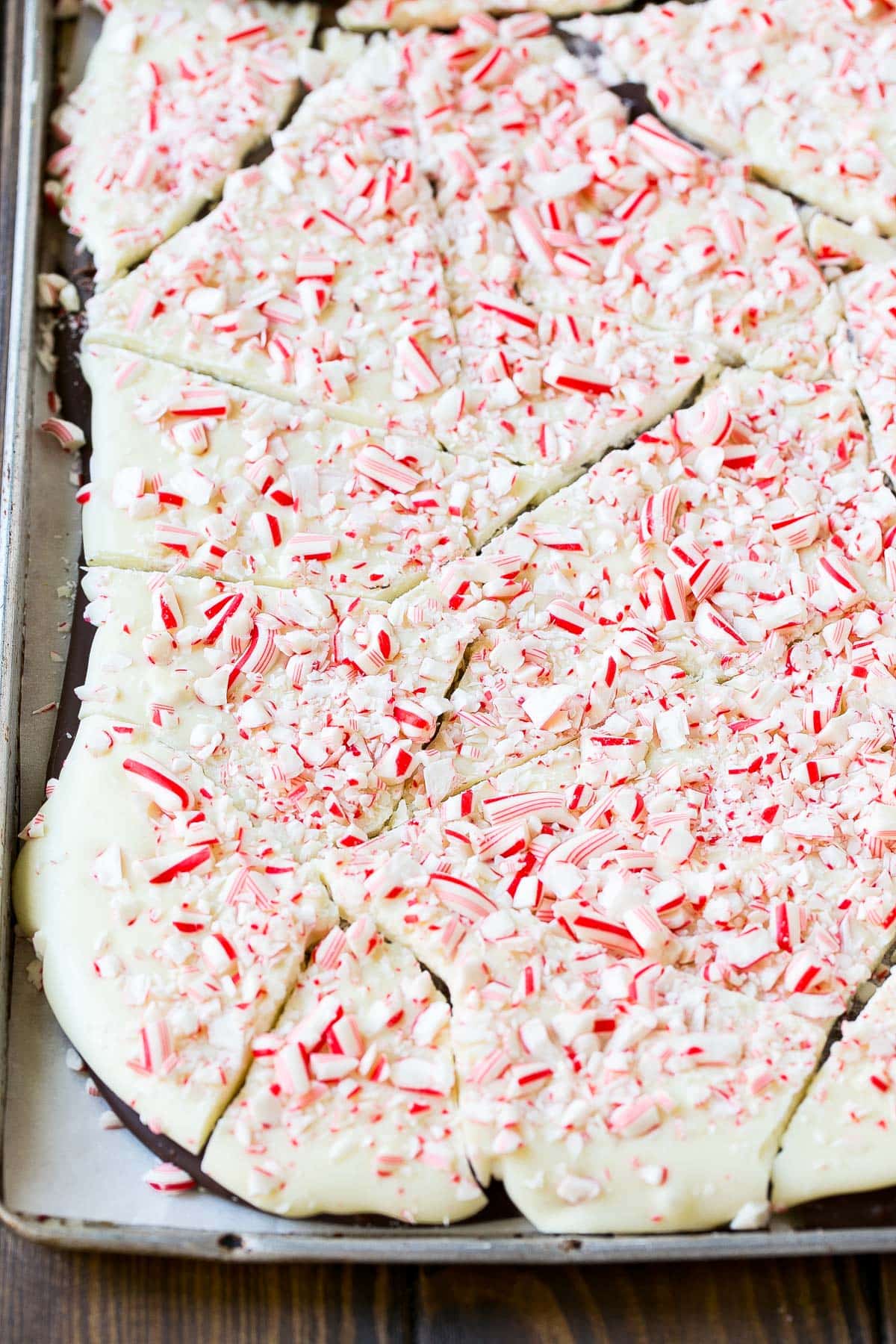 A sheet of chocolate bark broken into pieces.