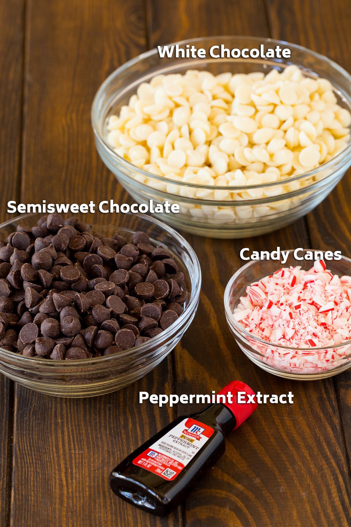 Ingredients including white chocolate, dark chocolate, peppermint extract and candy canes.