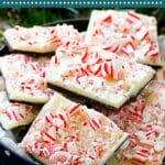 This recipe for classic peppermint bark is layers of white and dark chocolate topped with crushed candy canes.