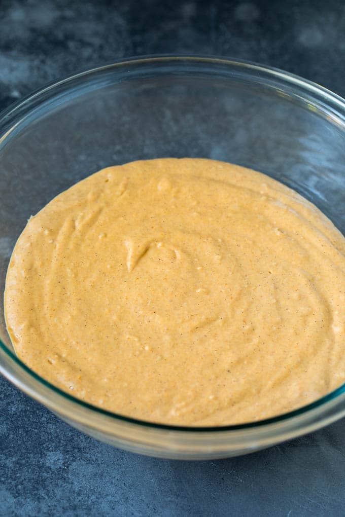 Pancake batter in a mixing bowl.