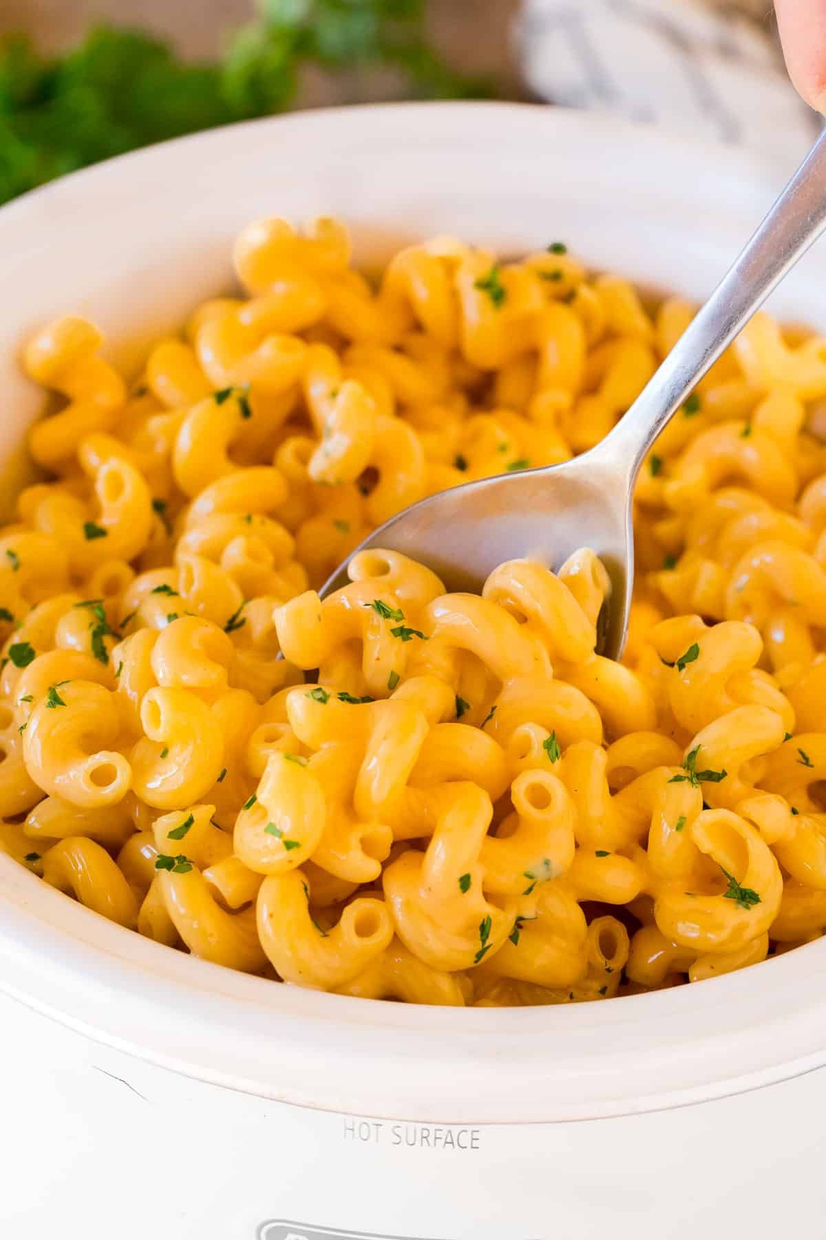 Slow cooker mac and cheese topped with parsley, with a serving spoon in it.