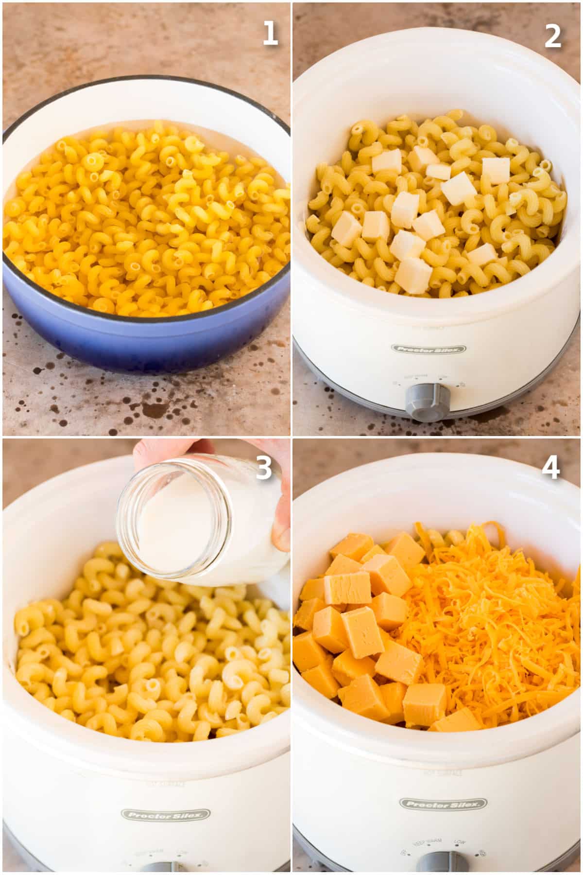 Step by step shots showing how to cook pasta and mix it with milk and cheese.