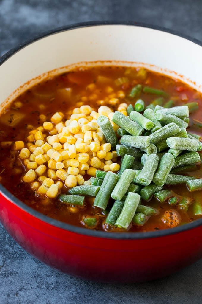 Soup with frozen corn and green beans on top.