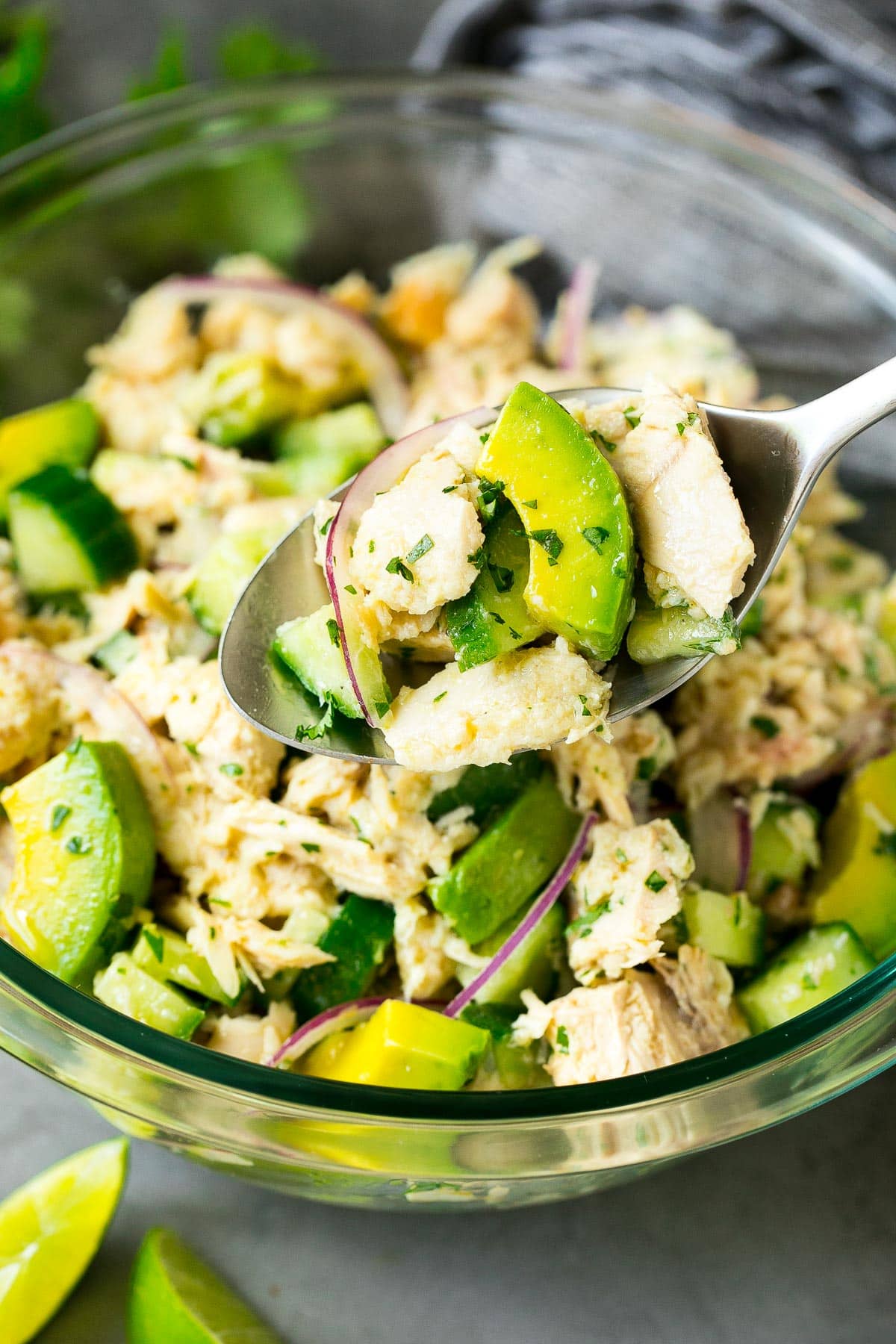 A spoon serving up avocado tuna salad.