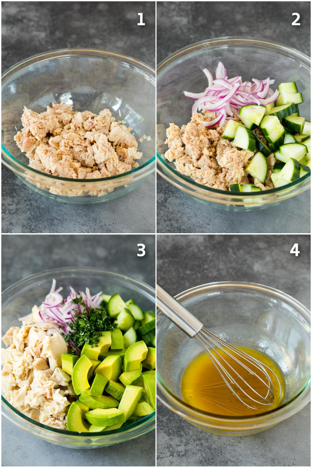 Process shots showing how to make avocado tuna salad.