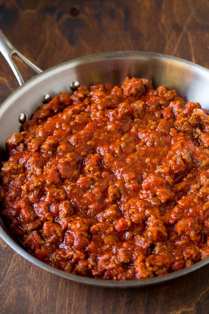 Homemade meat sauce in a pan.