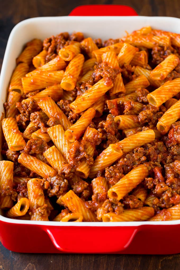 Rigatoni pasta tossed with meat sauce.