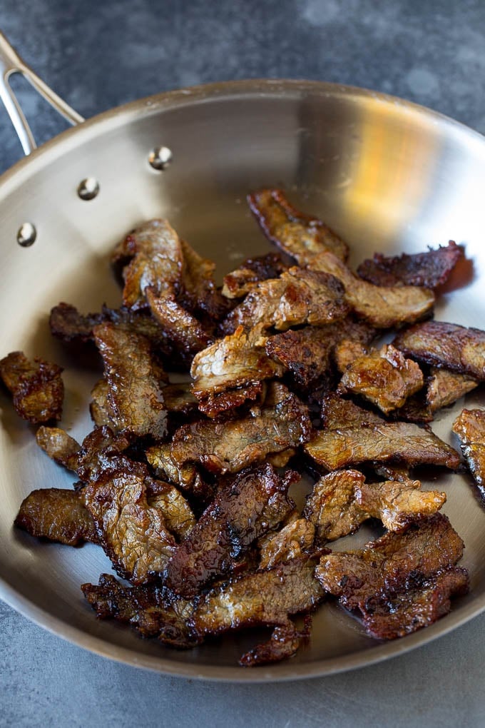 Seared steak slices in a pan.