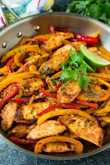 Chicken fajita marinade served over sliced chicken and vegetables.