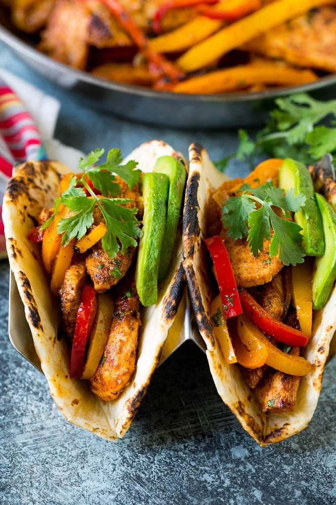 Fajitas made with chicken fajita marinade in flour tortillas.