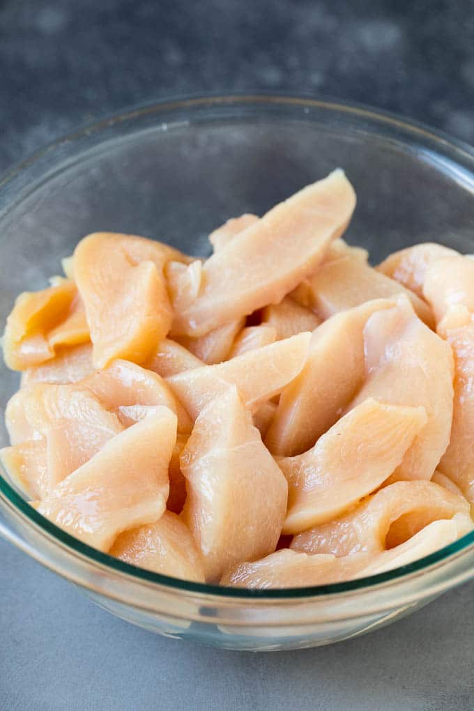 Sliced chicken breast in a bowl.