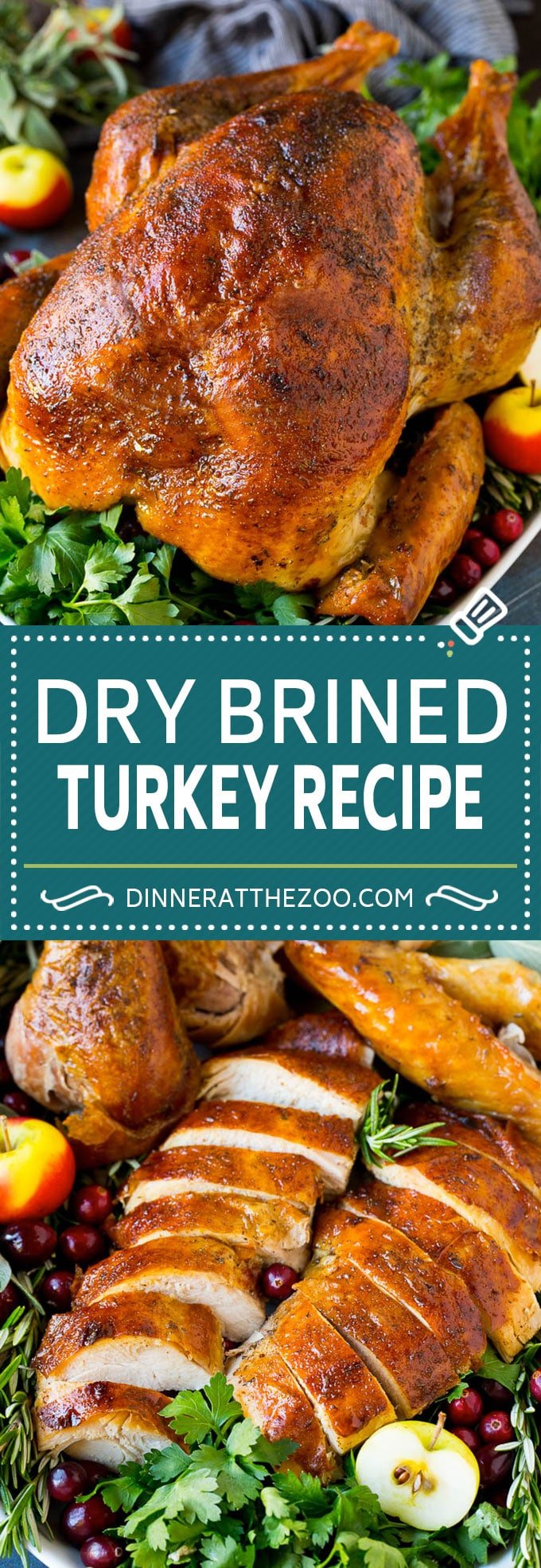 This dry brined turkey is coated in a blend of salt, herbs and spices, then roasted to golden brown perfection.