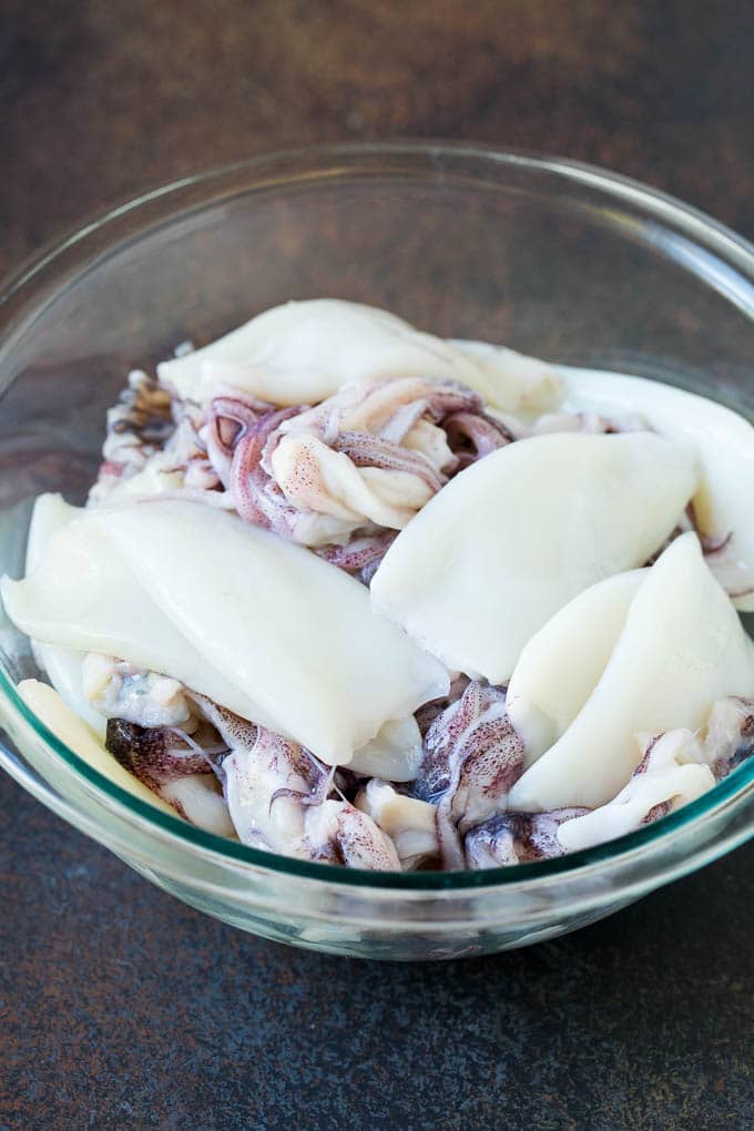 Squid bodies and tentacles in a bowl.