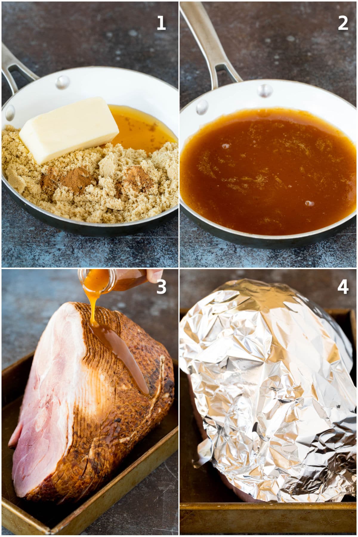 Process shots showing how to make glaze and pour it over a ham.