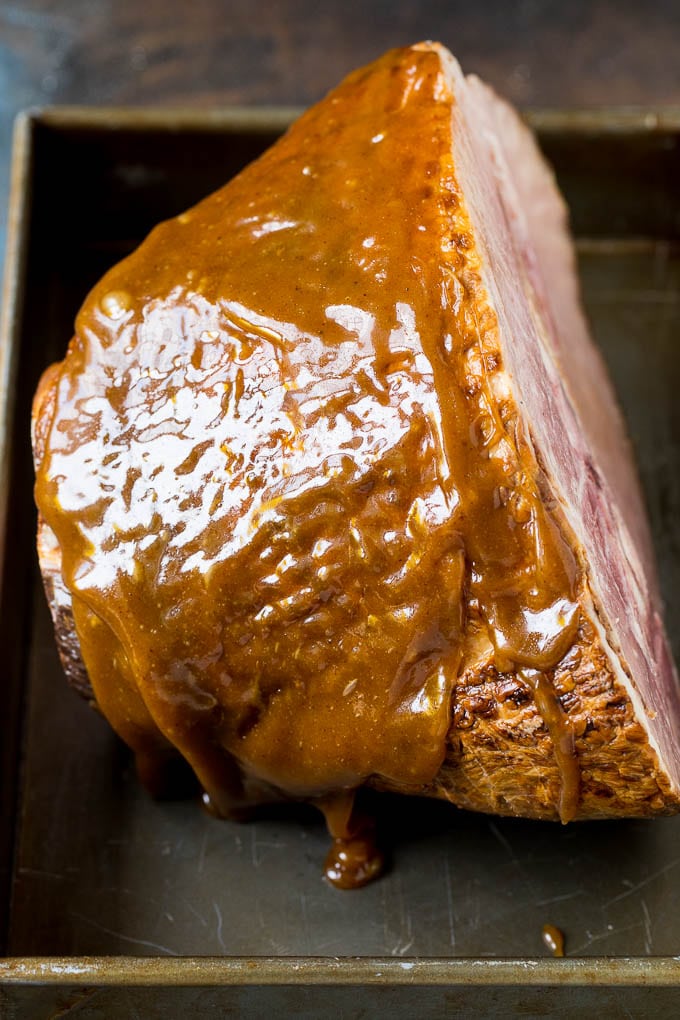 A ham covered in glaze.