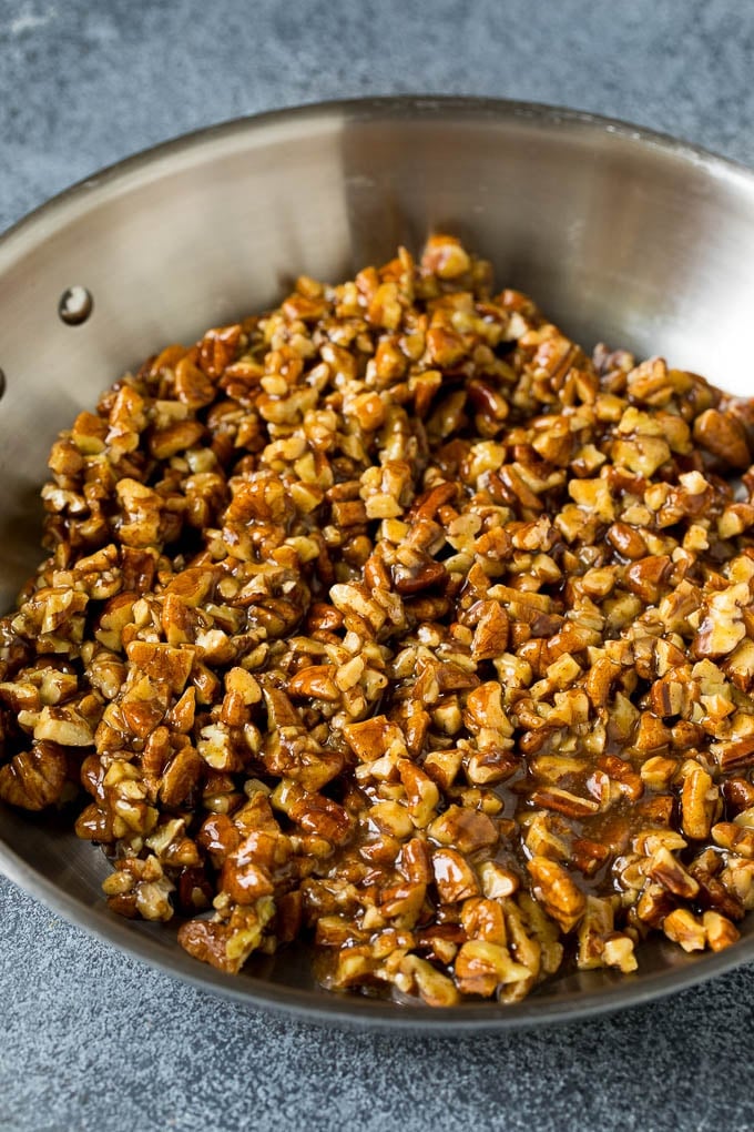 Pecan brown sugar topping in a skillet.