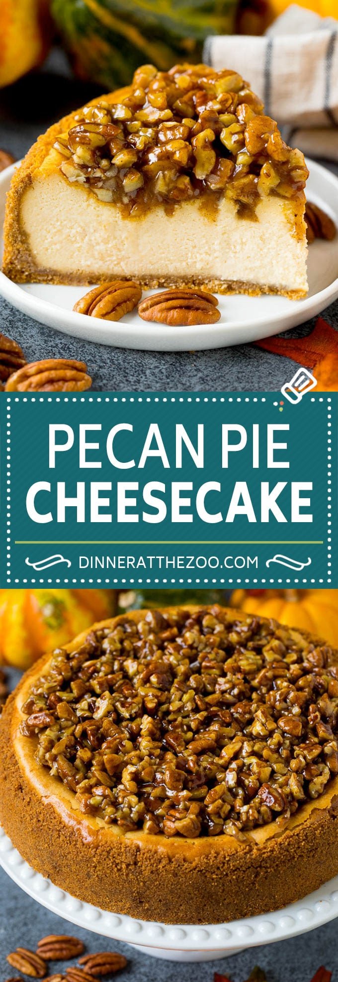 This pecan pie cheesecake is a creamy brown sugar cheesecake topped with a rich and decadent pecan sauce.