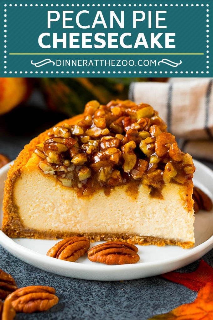 This pecan pie cheesecake is a creamy brown sugar cheesecake topped with a rich and decadent pecan sauce.