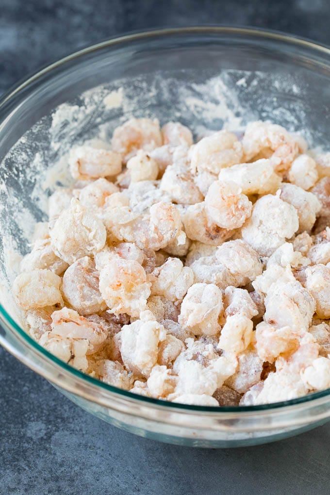 Shrimp coated in seasoned flour.