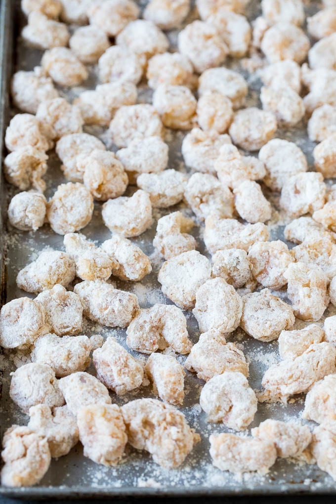 Shrimp coated in egg and flour.