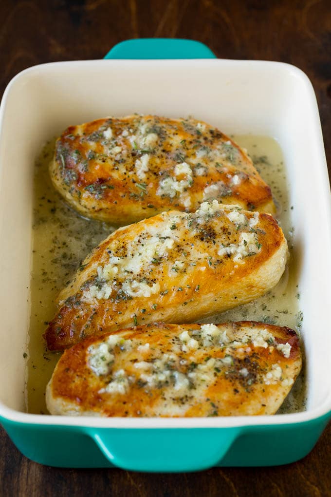 Chicken breasts topped with a garlic and rosemary sauce.