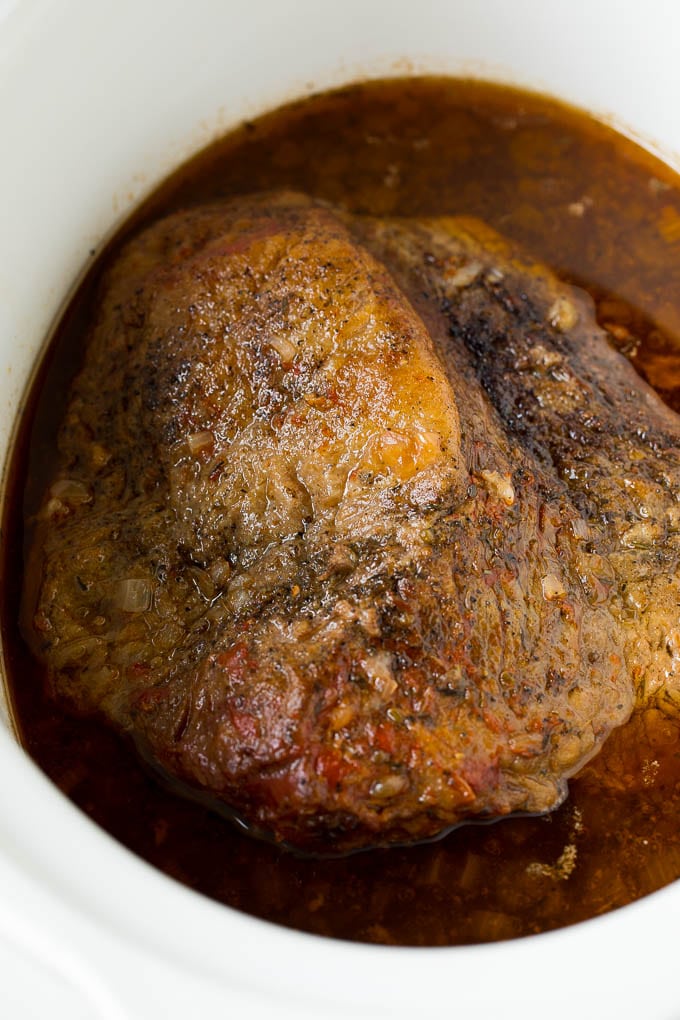 Slow cooked brisket in a crock pot.