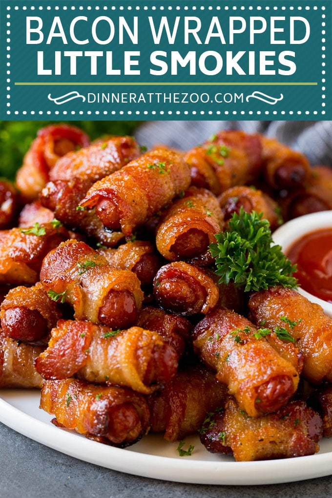 These bacon wrapped smokies are cocktail sausages wrapped in bacon, then coated in brown sugar and spices and baked to perfection.