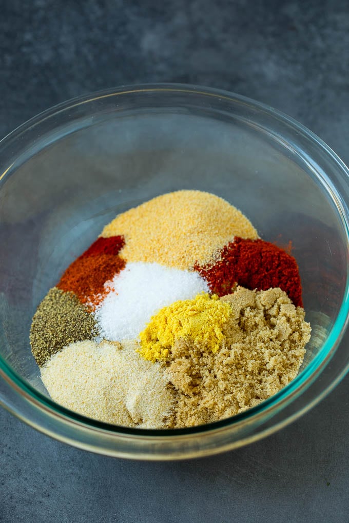 Brown sugar and spices in a mixing bowl.