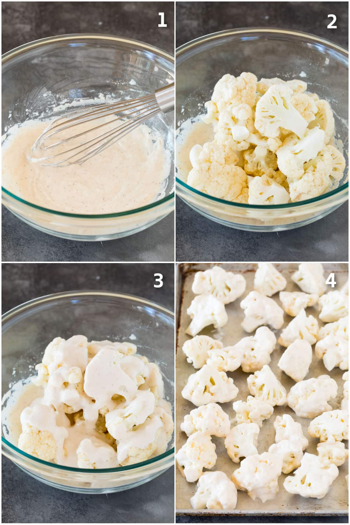 Process shots showing how to coat cauliflower in batter.