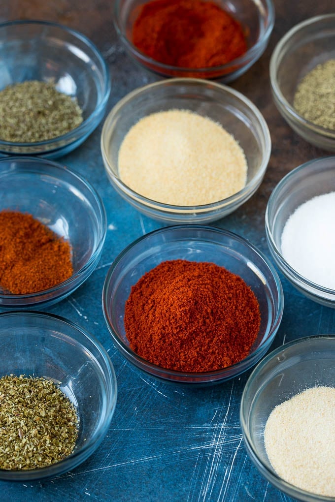 A variety of spices in bowls.