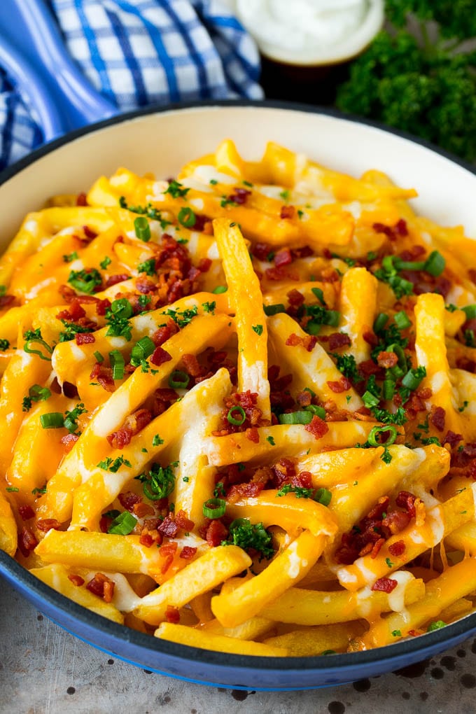 Cheese fries topped with bacon and green onions.