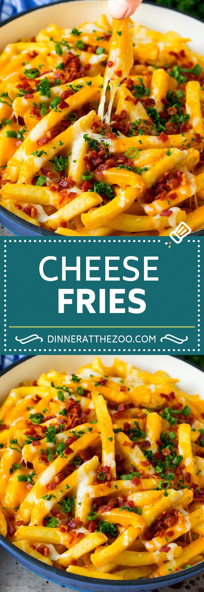 These cheese fries are crispy potatoes topped with plenty of melted cheese, bacon and herbs. #fries #dinneratthezoo