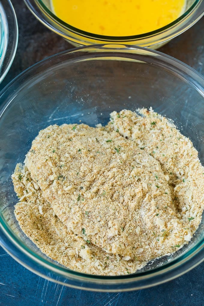 Chicken cutlets coated in seasoned breadcrumbs.