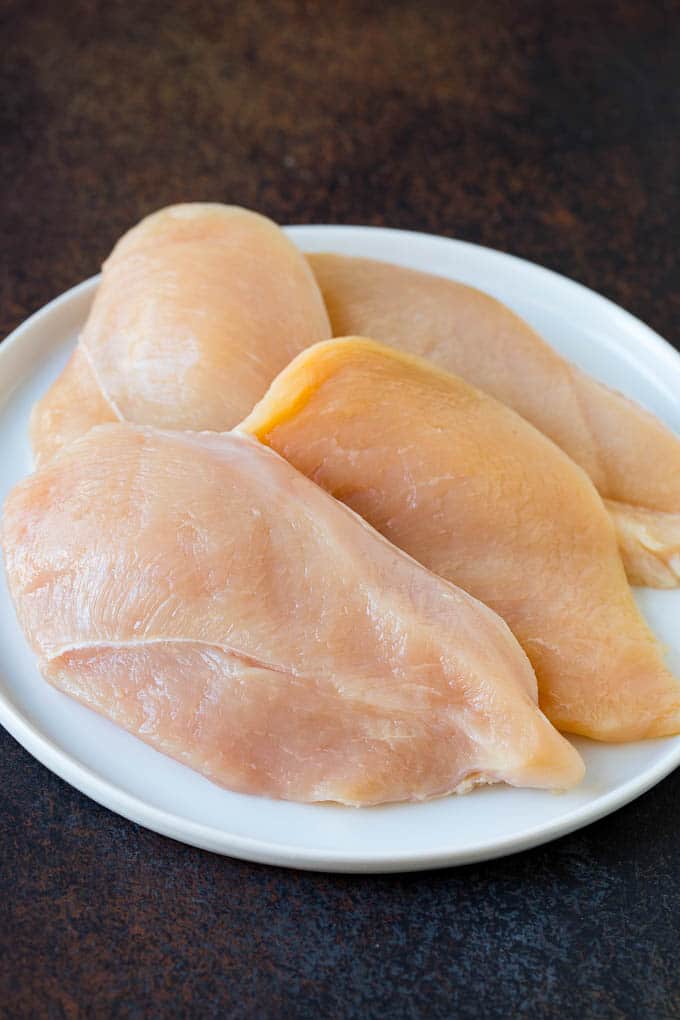 Thinly sliced chicken breasts on a plate.